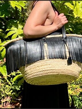 Yves Saint Laurent Straw Tote with Black Fringe YSL